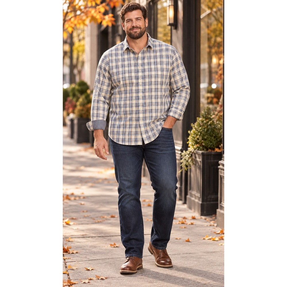 Egara Mens 2XLT Plaid Non-Iron Button Down Shirt Blue Tan Long Sleeve Cotton